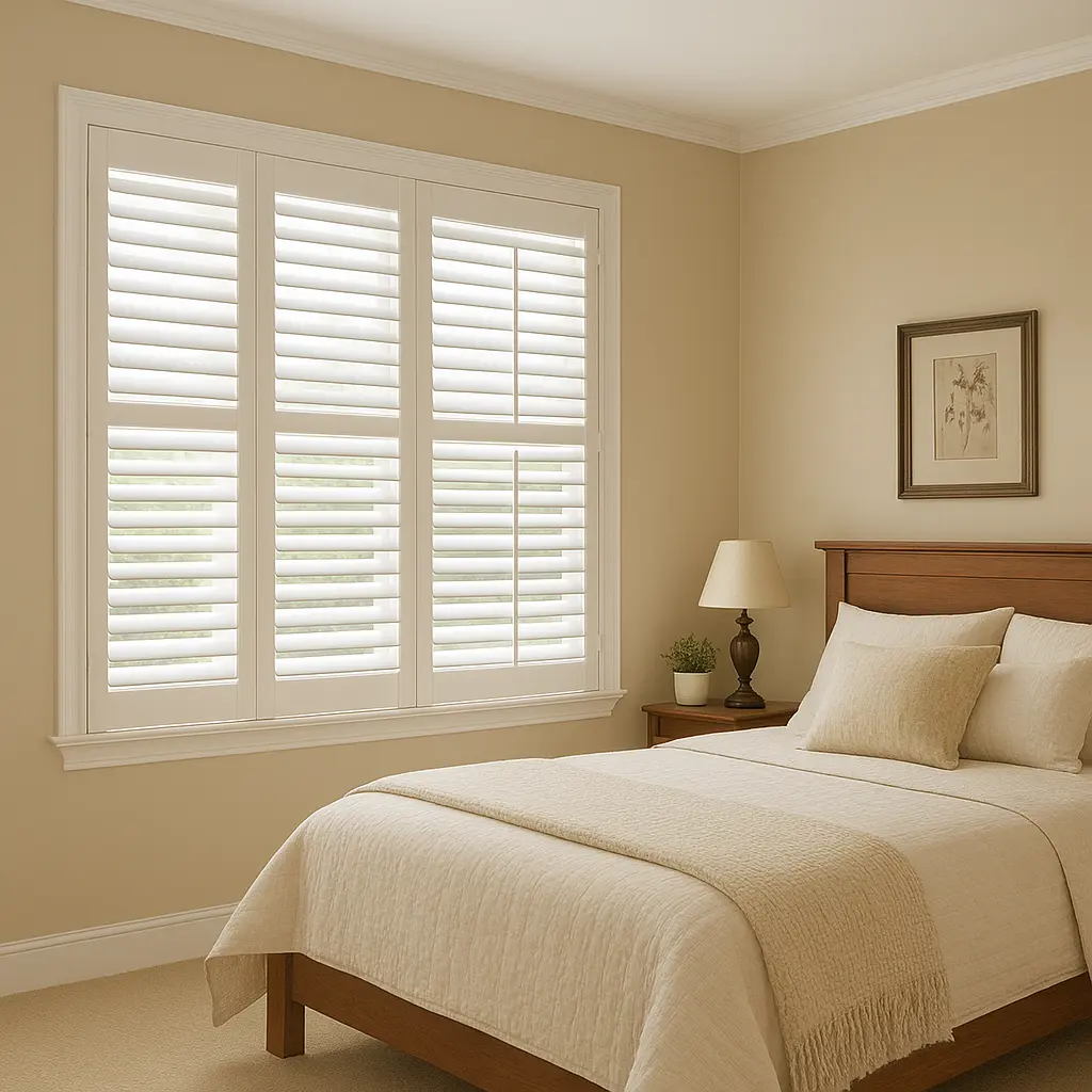 image of Made to Measure PVC Shutters in a bedroom which best blinds offer