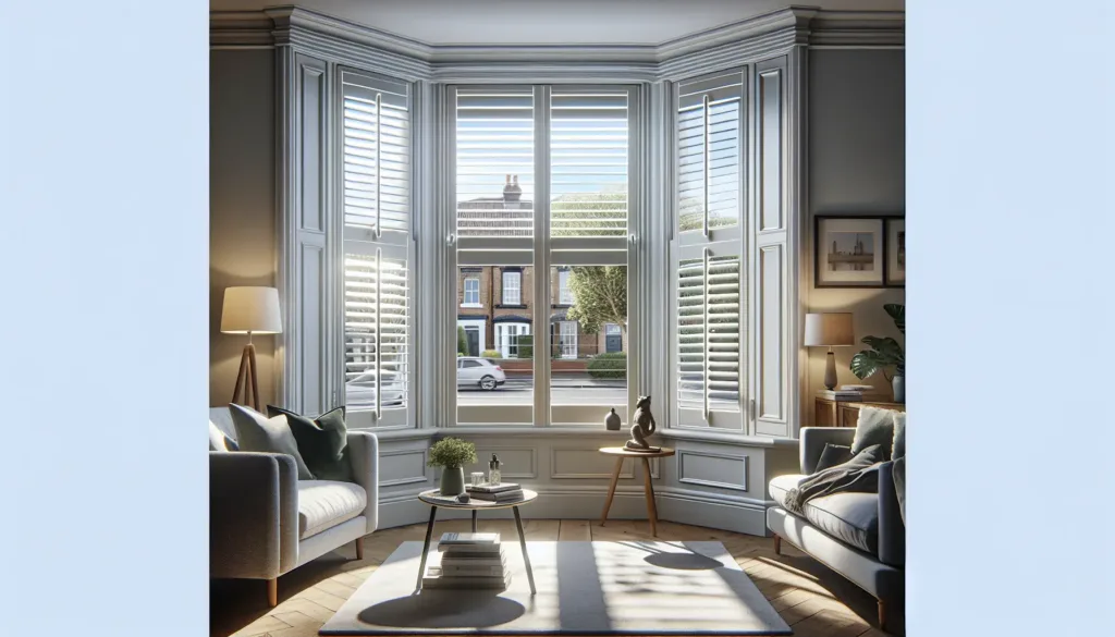 Lounge bay window plantation shutters.