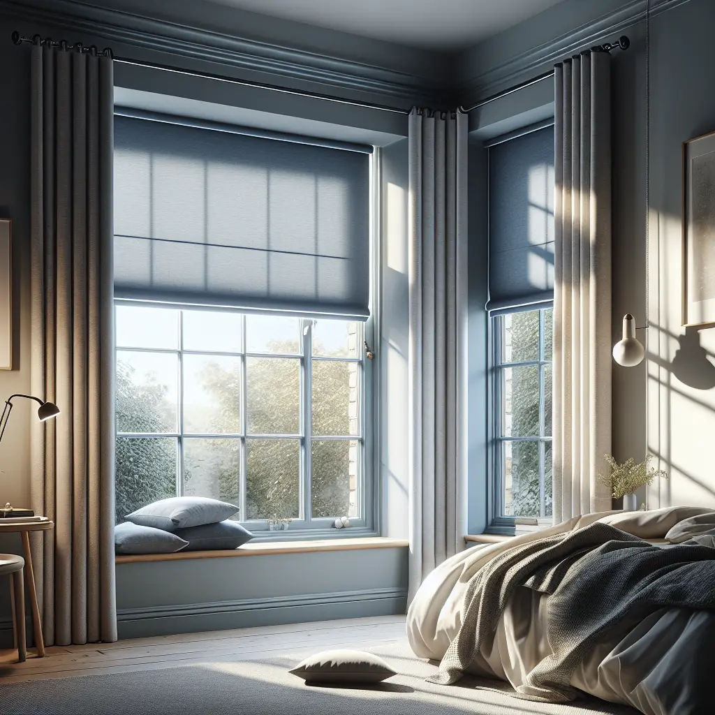 Bedroom blackout roller blind, curtains.