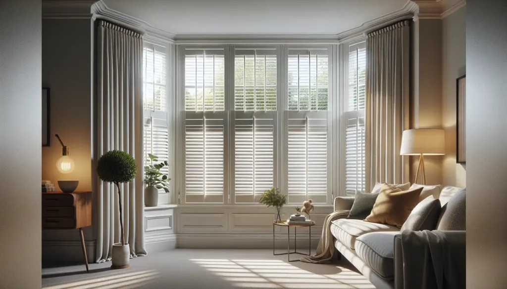 Bay window shutters with curtains.