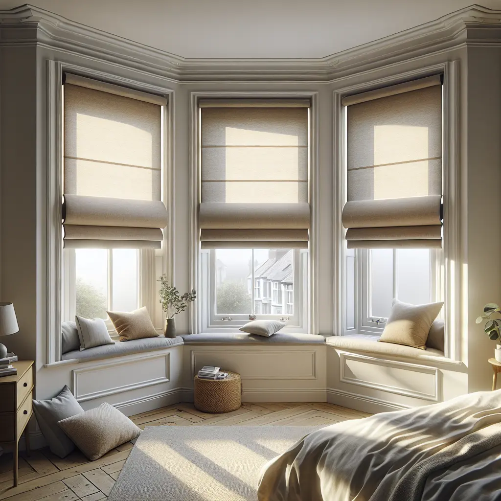 Bedroom bay window roller blinds.