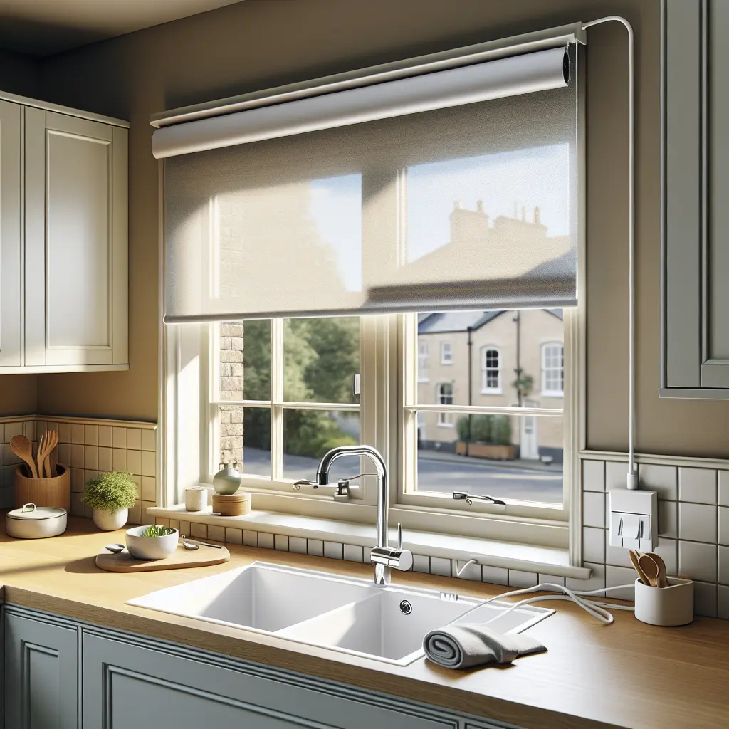 Kitchen mains motorised roller blind.