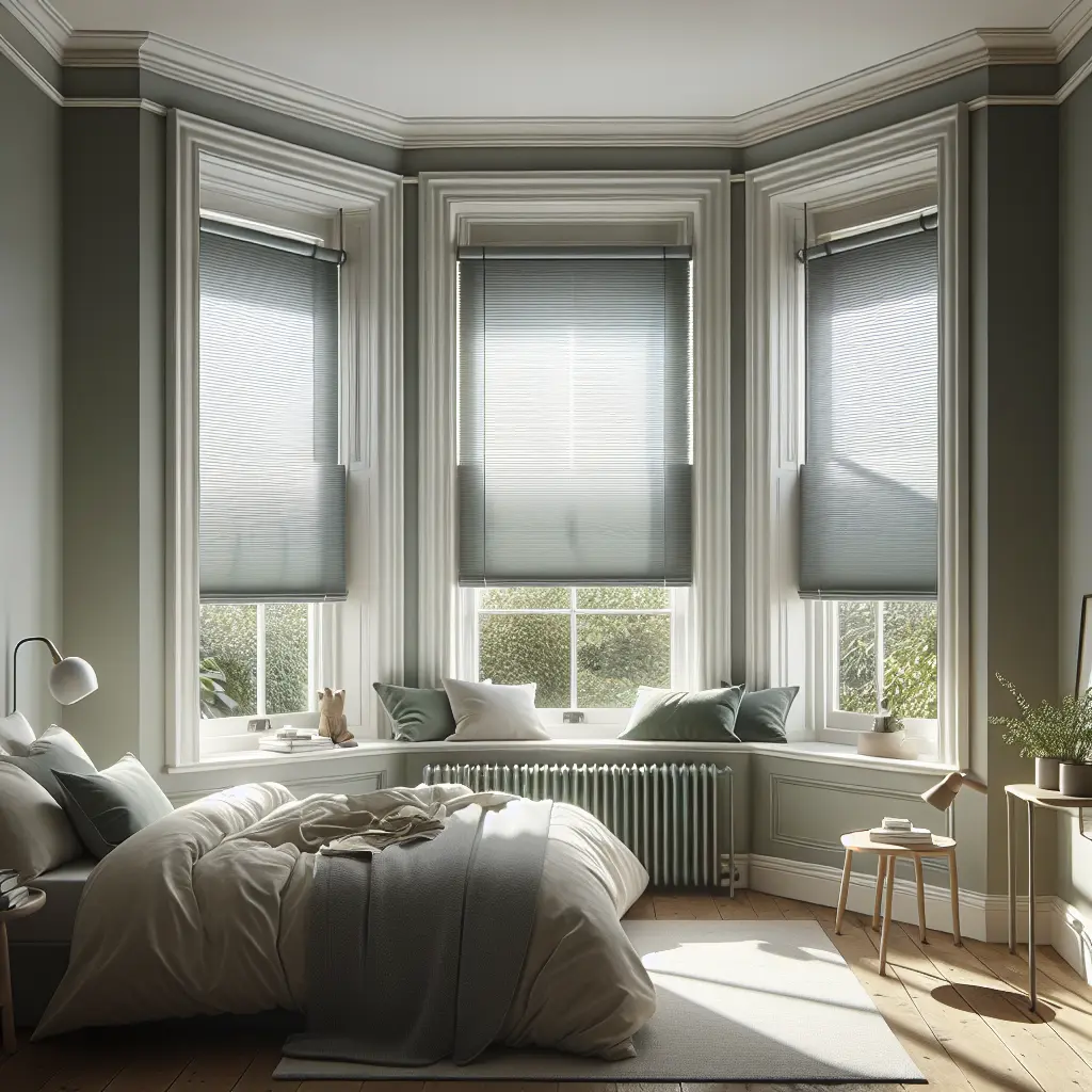 Textured bay roller blinds, bedroom.