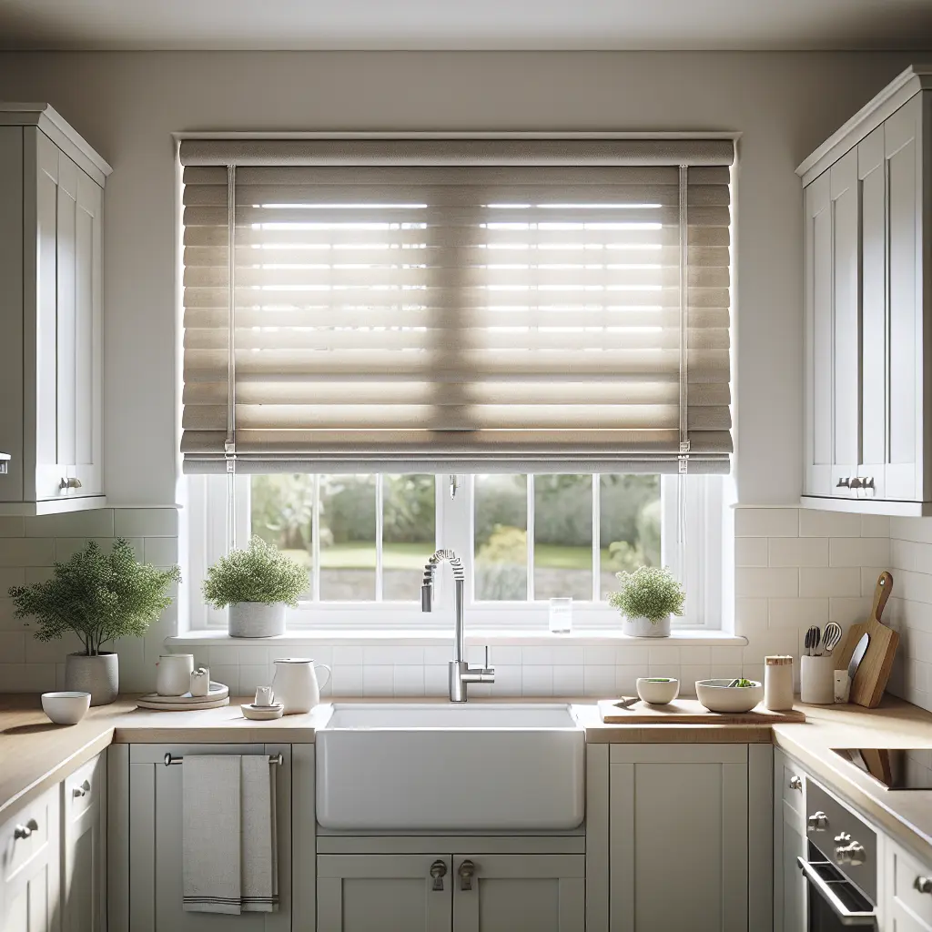 Grey PVC kitchen roller blind.