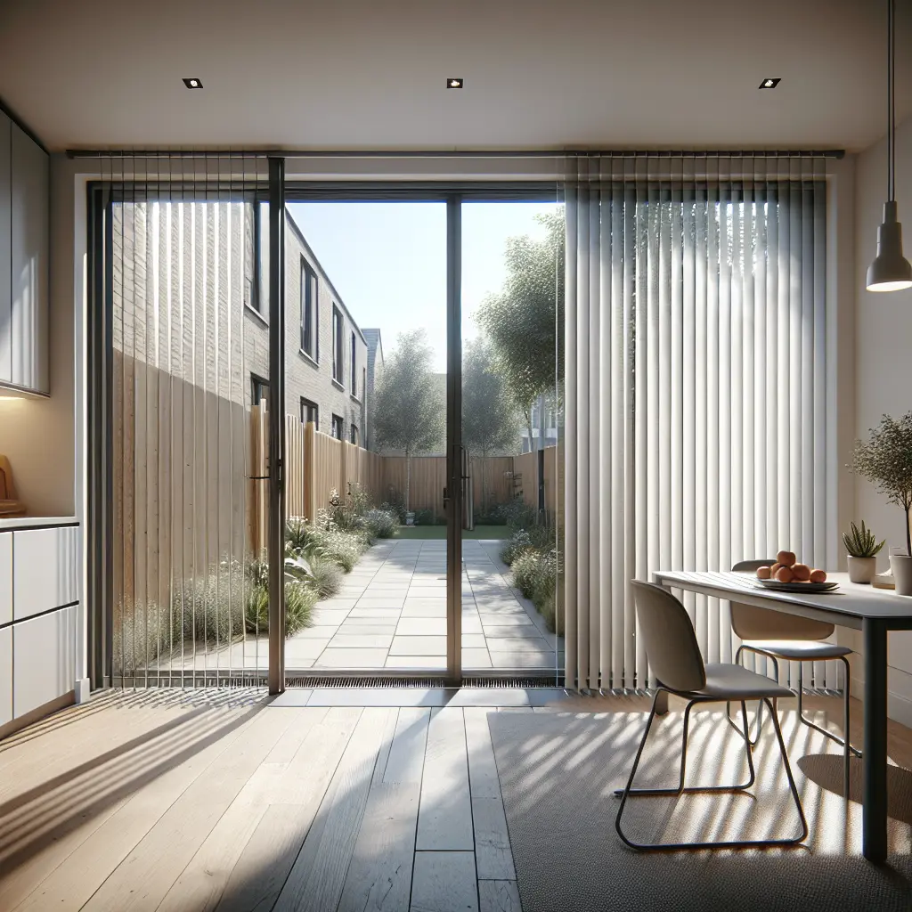 Patio doors with vertical blinds.