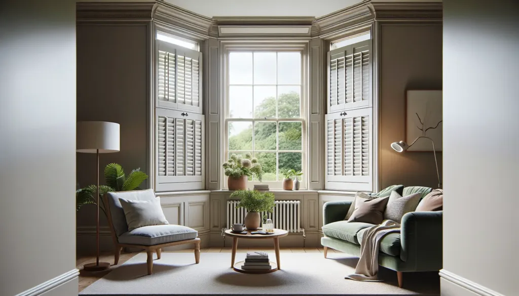 White bay window plantation shutters.