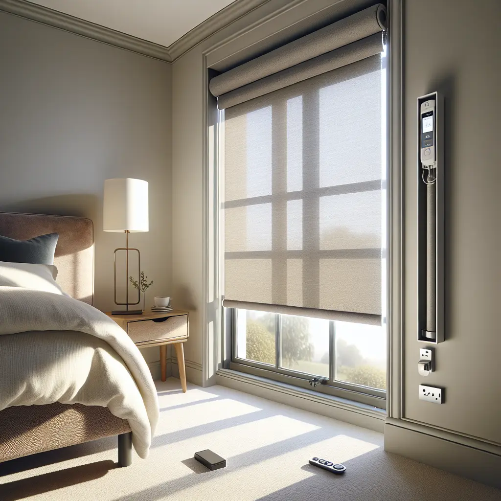 Rechargeable roller blind, bedroom window.