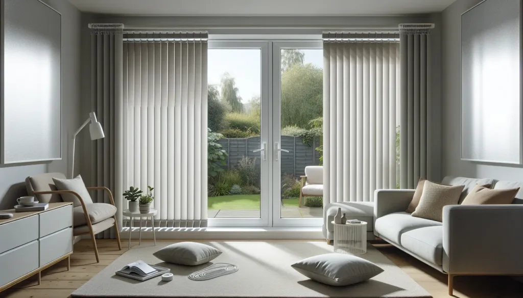 Mains-powered vertical blinds, patio doors.