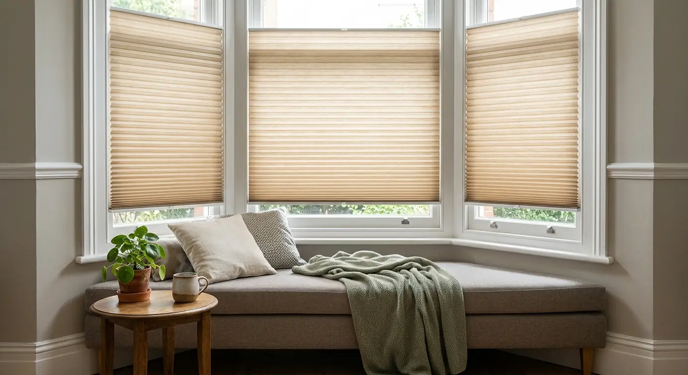 Bay window honeycomb pleated blinds.