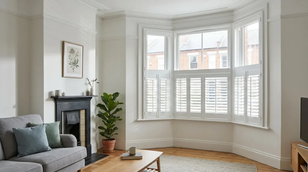Victorian bay window plantation shutters.