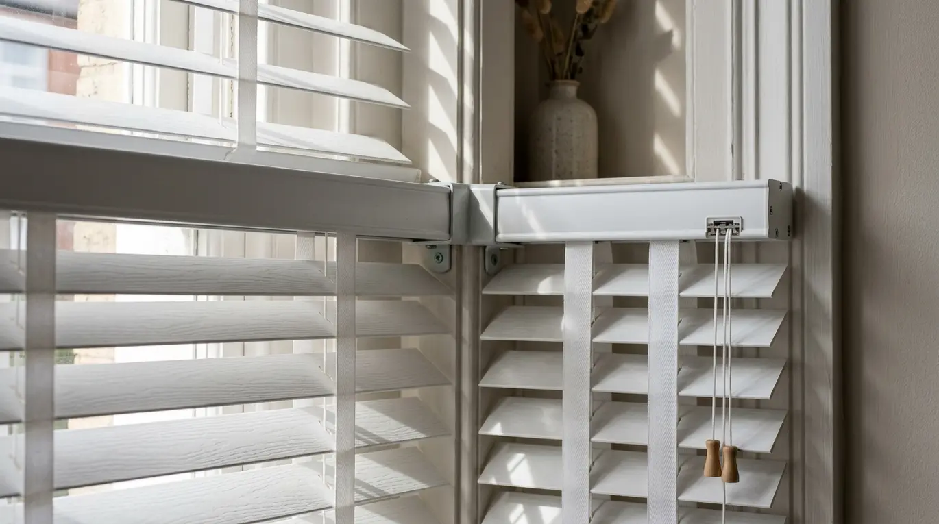 White faux-wood venetian slats, cords.