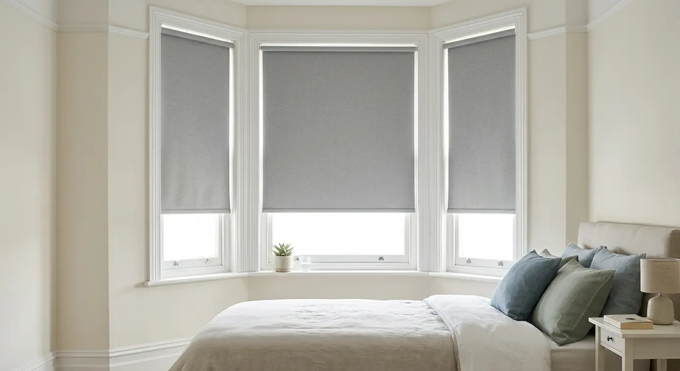 Grey roller blackout bedroom blinds.