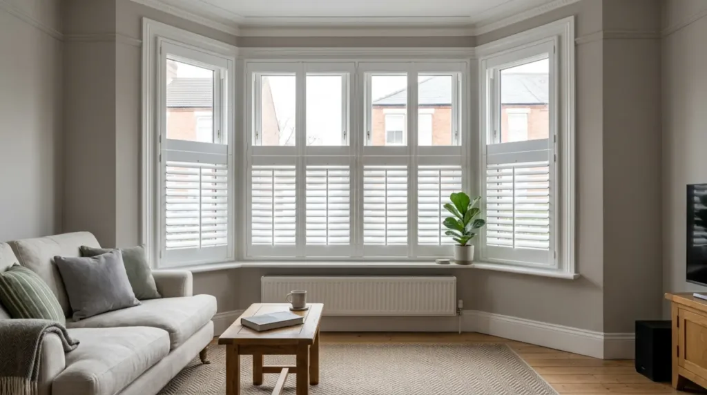White tier-on-tier bay window shutters.