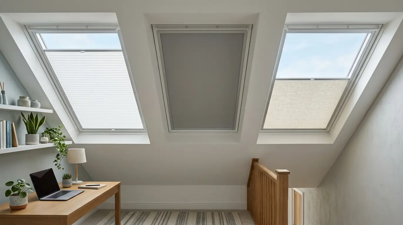 Three rooflights with mixed blinds.