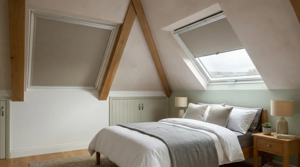 Loft bedroom rooflight blackout blinds.