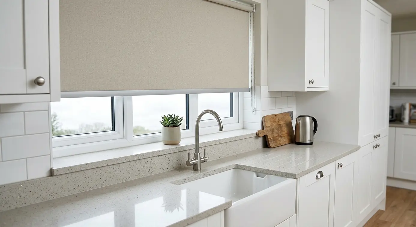Kitchen roller blind above sink.
