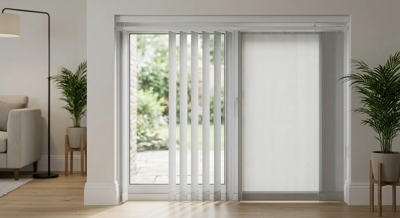 Patio doors with vertical blinds.