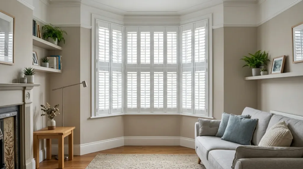 Lounge bay window plantation shutters.
