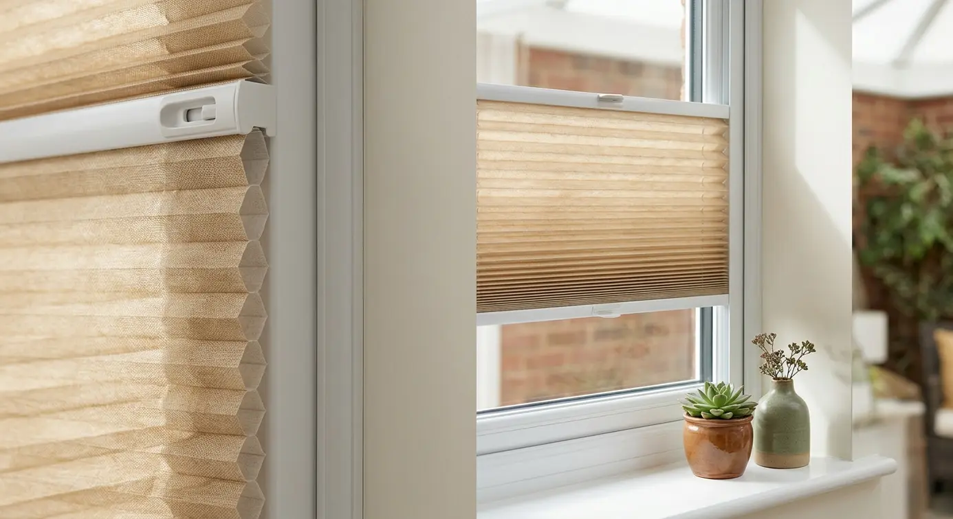 Pleated honeycomb blind on uPVC.