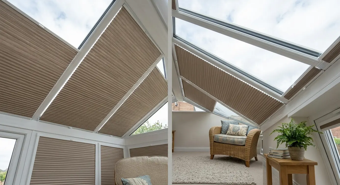 Conservatory roof with pleated blinds.