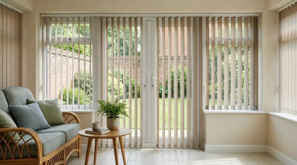 Conservatory with neutral vertical blinds.
