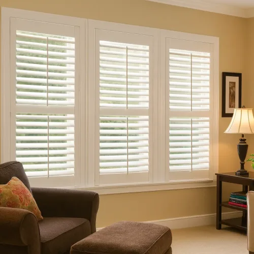 image of Made to Measure PVC Shutters in a living room which can Best Blinds offer and install
